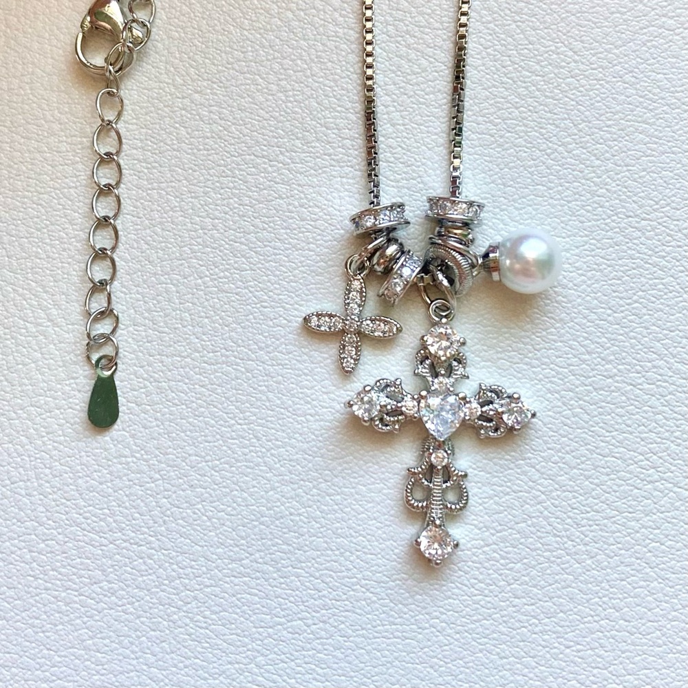 Silver Cross Pendant Necklace with Pearl Accent